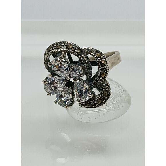 1990's Vintage Antique-Style Marcasite Sterling Silver Diamond CZ Size Ring 8.5 - Picture 2 of 9